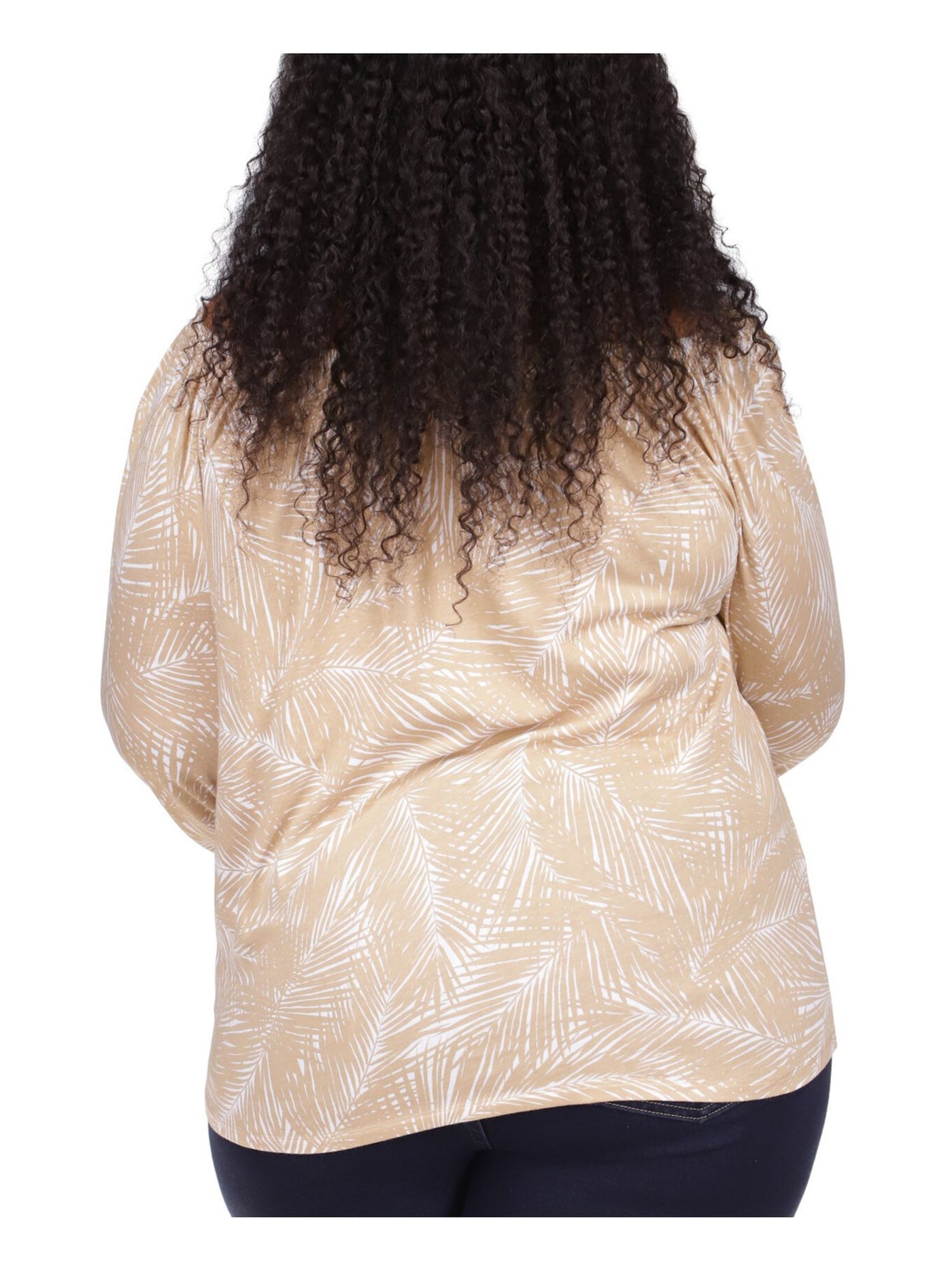 MICHAEL KORS Womens Beige Tie Sheer Logo Tab Printed 3/4 Sleeve Round Neck Top Plus 1X