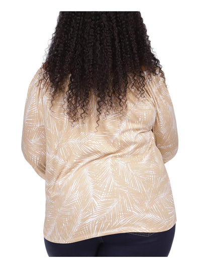 MICHAEL MICHAEL KORS Womens Beige Tie Sheer Logo Tab Printed 3/4 Sleeve Round Neck Top Plus 2X