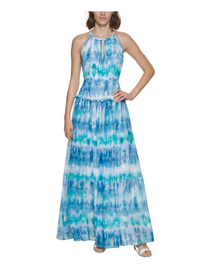 CALVIN KLEIN Womens Blue Zippered Cut Out Ruffle Trim Tie Dye Sleeveless Round Neck Full-Length Formal Gown Dress 14