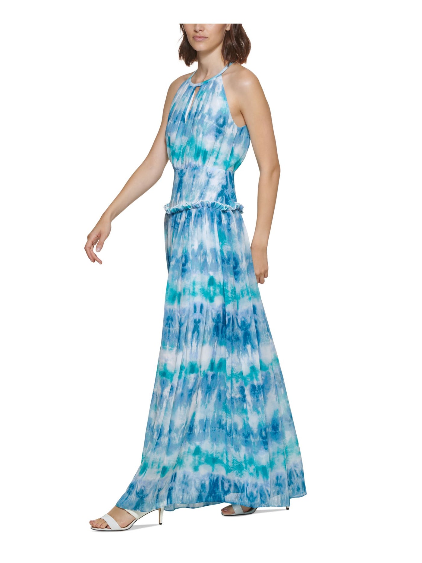 CALVIN KLEIN Womens Blue Zippered Cut Out Ruffle Trim Tie Dye Sleeveless Round Neck Full-Length Formal Gown Dress 14