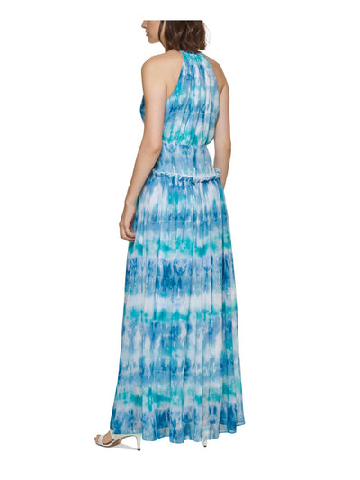 CALVIN KLEIN Womens Blue Zippered Cut Out Ruffle Trim Tie Dye Sleeveless Round Neck Full-Length Formal Gown Dress 4