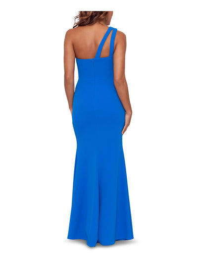 XSCAPE Womens Blue Zippered Cut Out Front Slit Lined Sleeveless Asymmetrical Neckline Full-Length Evening Fit + Flare Dress 6