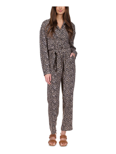 MICHAEL KORS Womens Black Lace Textured Tie Belt Pocketed Printed Long Sleeve Button Up Straight leg Jumpsuit XL