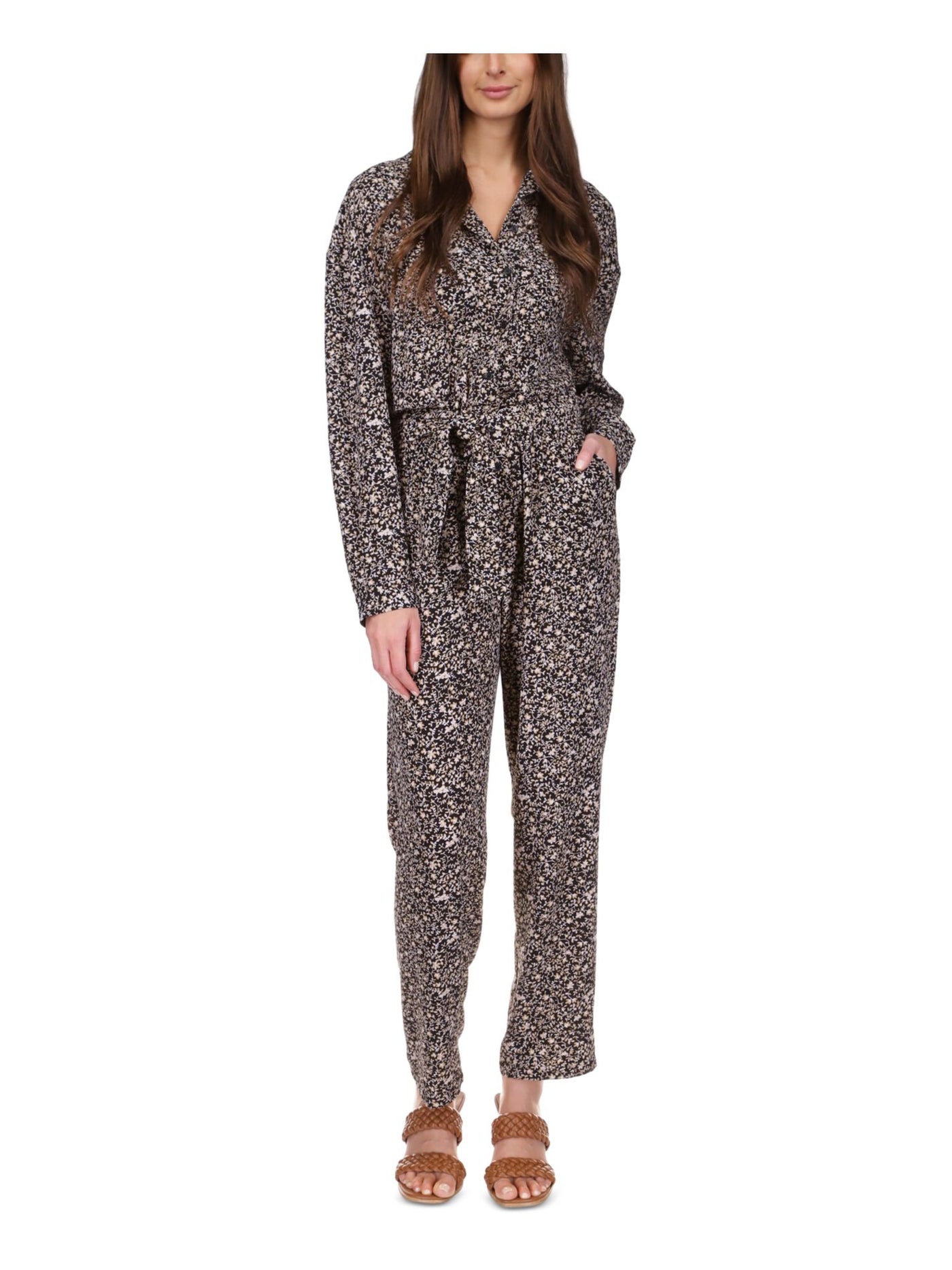 MICHAEL MICHAEL KORS Womens Black Lace Textured Tie Belt Pocketed Printed Long Sleeve Button Up Straight leg Jumpsuit M