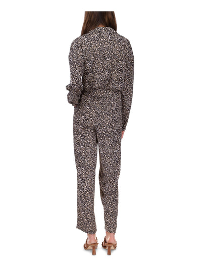 MICHAEL MICHAEL KORS Womens Black Lace Textured Tie Belt Pocketed Printed Long Sleeve Button Up Straight leg Jumpsuit M
