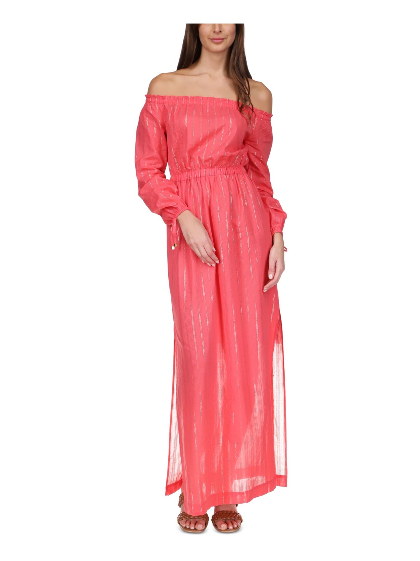 MICHAEL MICHAEL KORS Womens Coral Ruched Slitted Unlined Long Sleeve Off Shoulder Maxi Evening Fit + Flare Dress XS