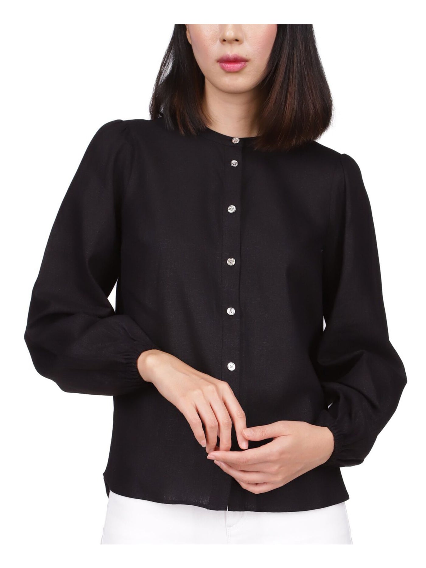 MICHAEL MICHAEL KORS Womens Black Long Sleeve Round Neck Wear To Work Button Up Top L