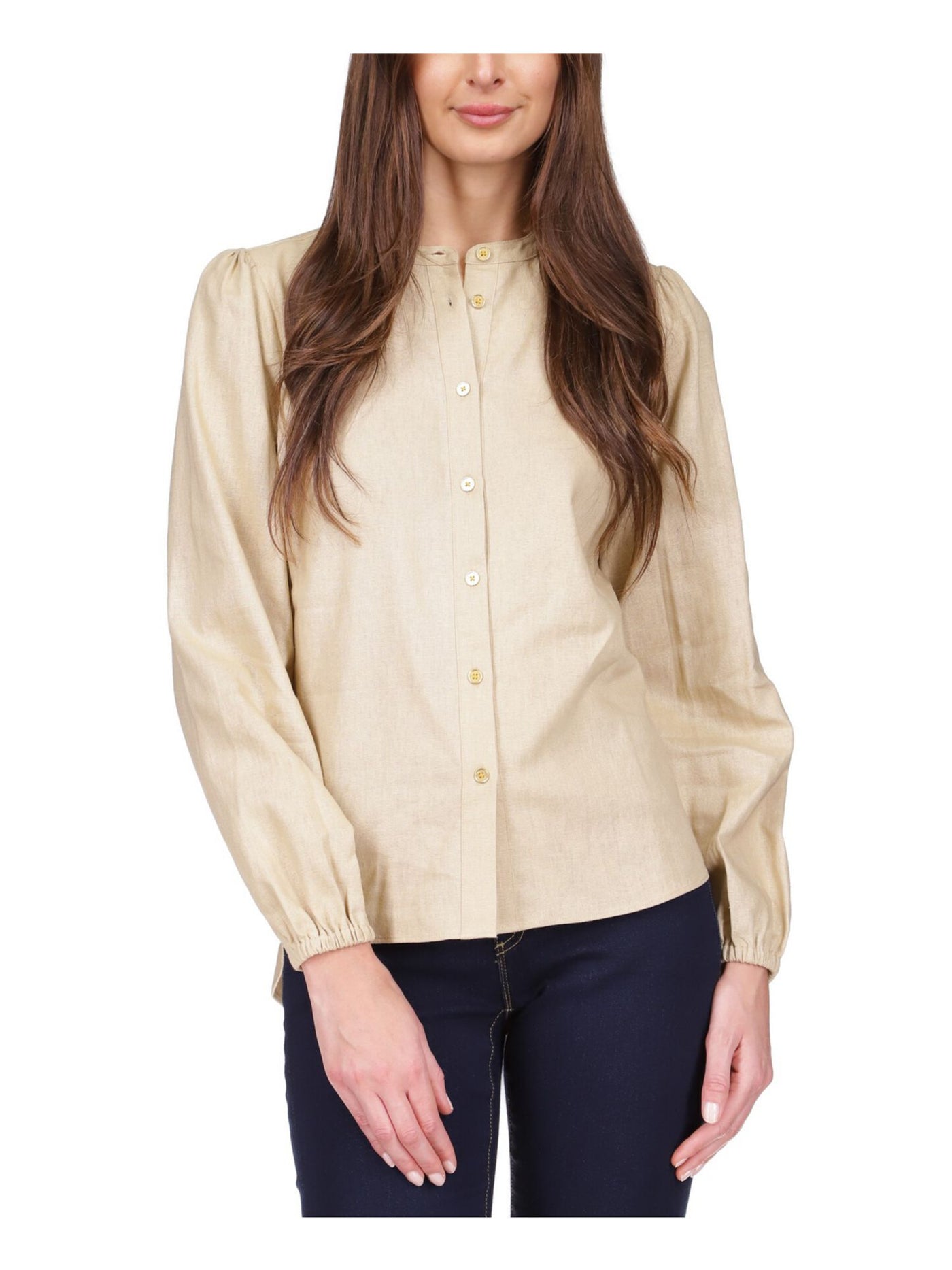 MICHAEL MICHAEL KORS Womens Beige Long Sleeve Round Neck Button Up Top XL