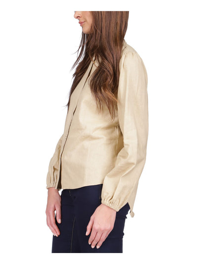 MICHAEL KORS Womens Beige Textured Sheer High Neckline Button Down Blouson Sleeve Wear To Work Blouse Petites PXS