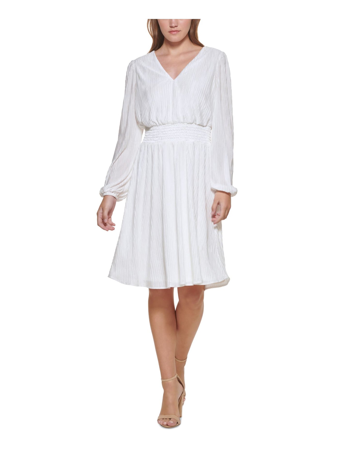 KENSIE DRESSES Womens White Pleated Lined Smocked Waist Long Sleeve V Neck Above The Knee Cocktail Fit + Flare Dress 12