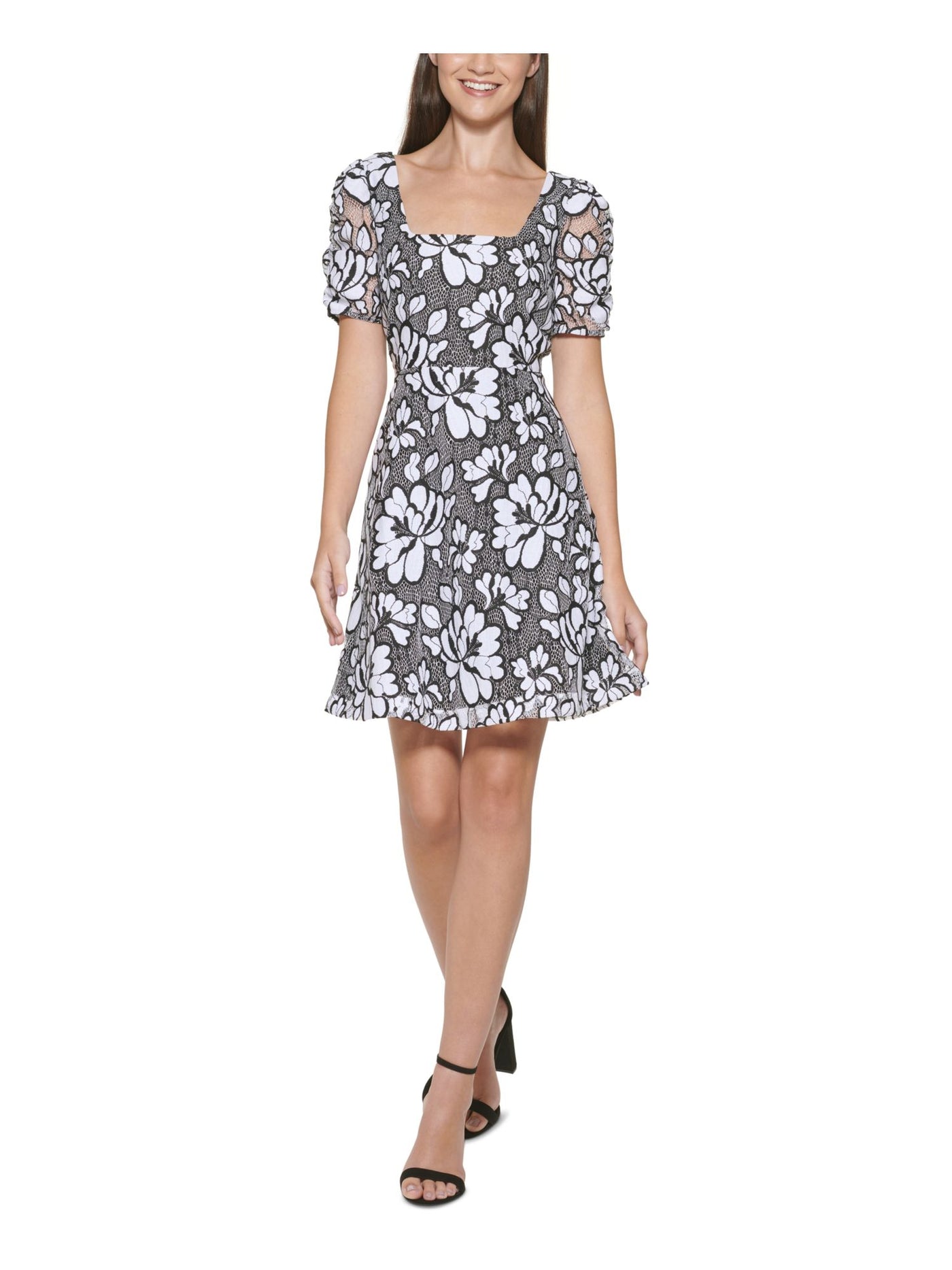 KENSIE DRESSES Womens Black Zippered Lined Floral Pouf Sleeve Square Neck Short Party Fit + Flare Dress Juniors 16