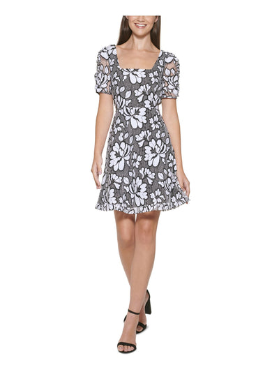 KENSIE DRESSES Womens Black Zippered Lined Floral Pouf Sleeve Square Neck Short Party Fit + Flare Dress Juniors 16