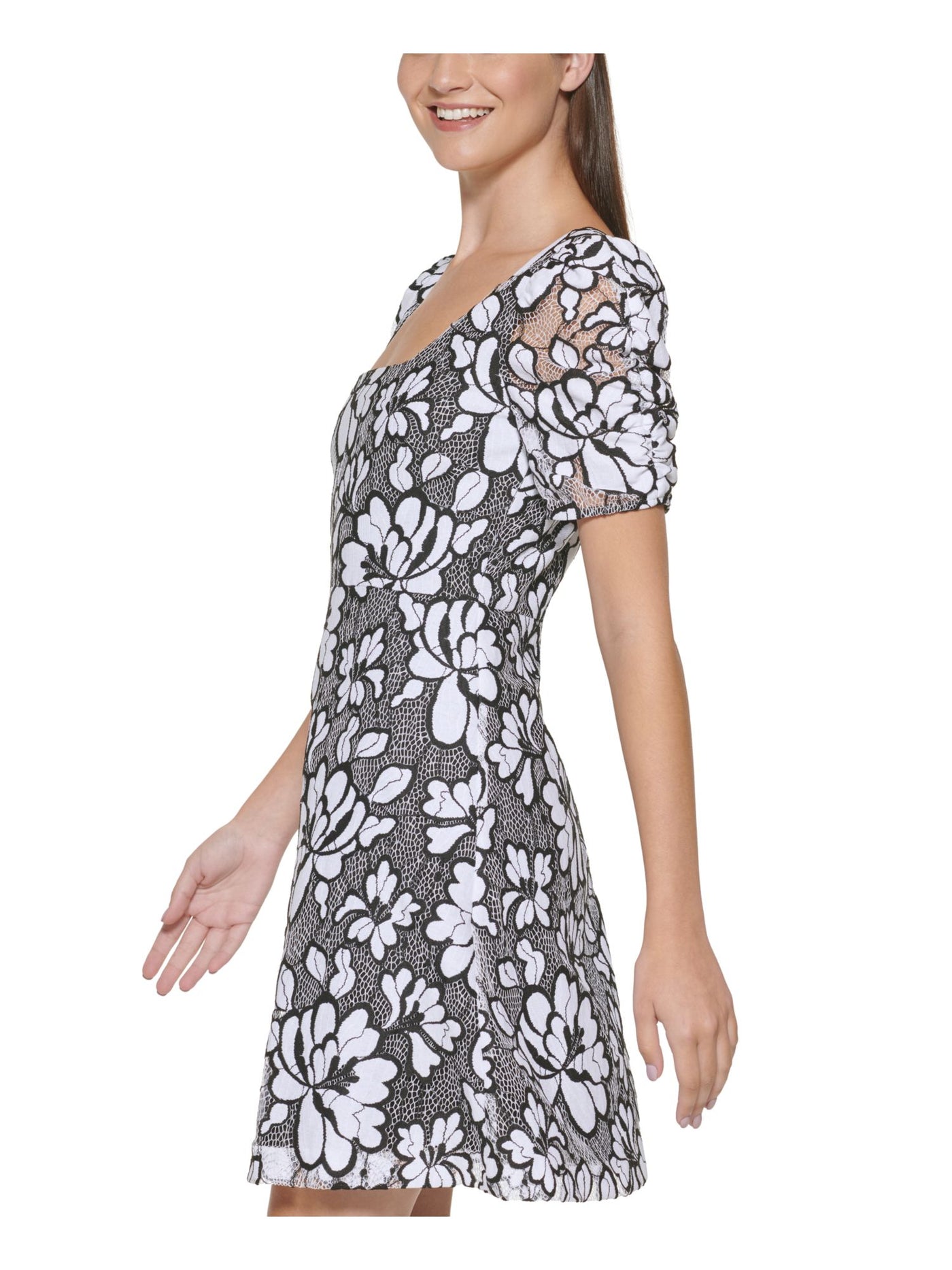 KENSIE DRESSES Womens Black Zippered Lined Floral Pouf Sleeve Square Neck Short Party Fit + Flare Dress Juniors 16