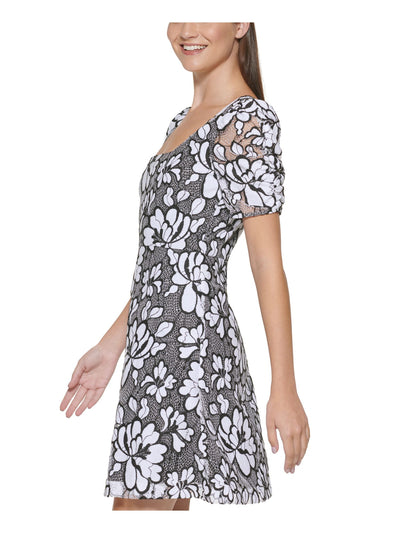 KENSIE DRESSES Womens Black Zippered Lined Floral Pouf Sleeve Square Neck Short Party Fit + Flare Dress Juniors 16