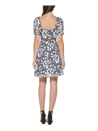 KENSIE DRESSES Womens Black Zippered Lined Floral Pouf Sleeve Square Neck Short Party Fit + Flare Dress Juniors 16