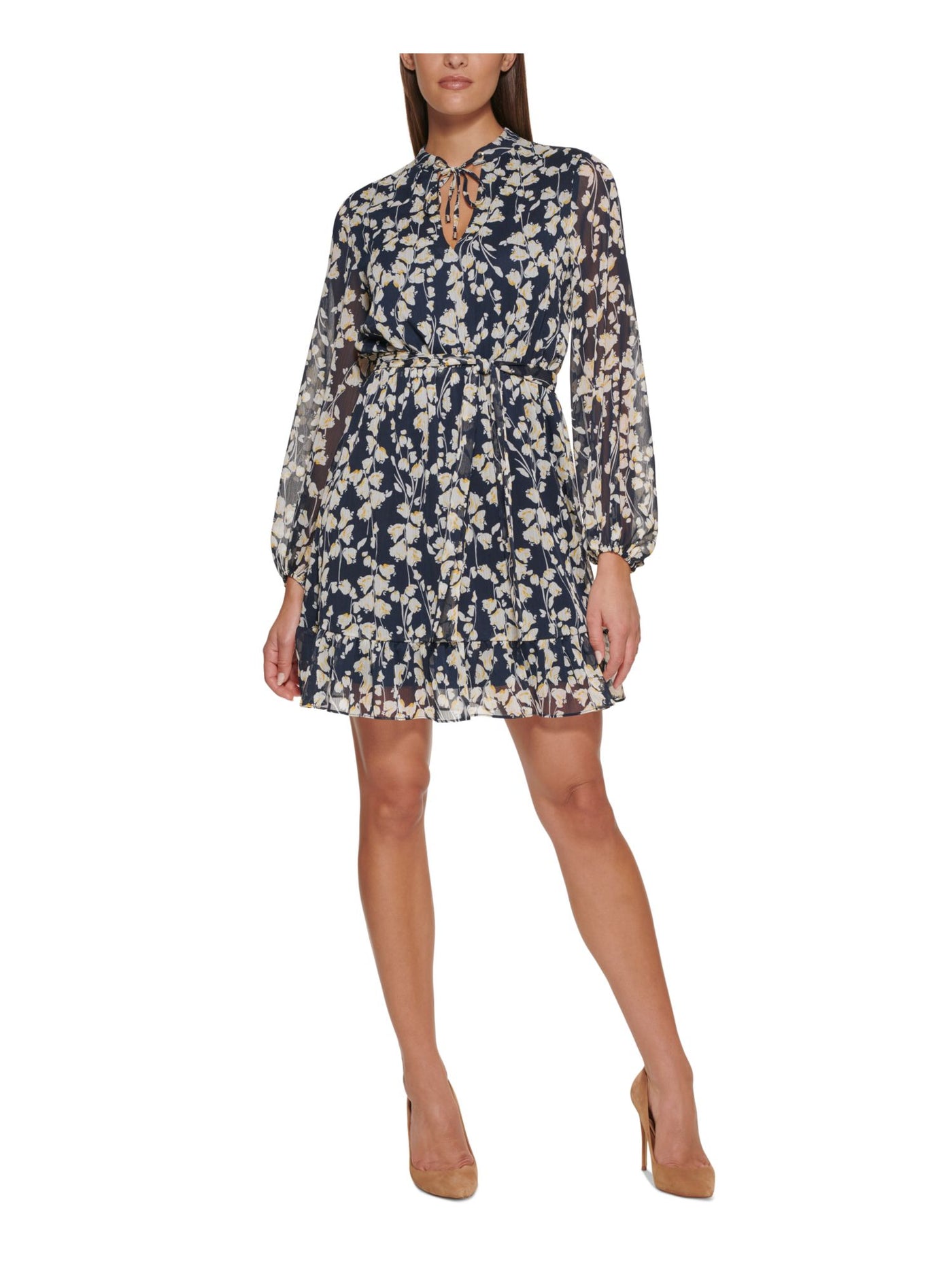 TOMMY HILFIGER Womens Navy Sheer Ruffled Lined Tie Belt Floral Long Sleeve Tie Neck Short Fit + Flare Dress 8