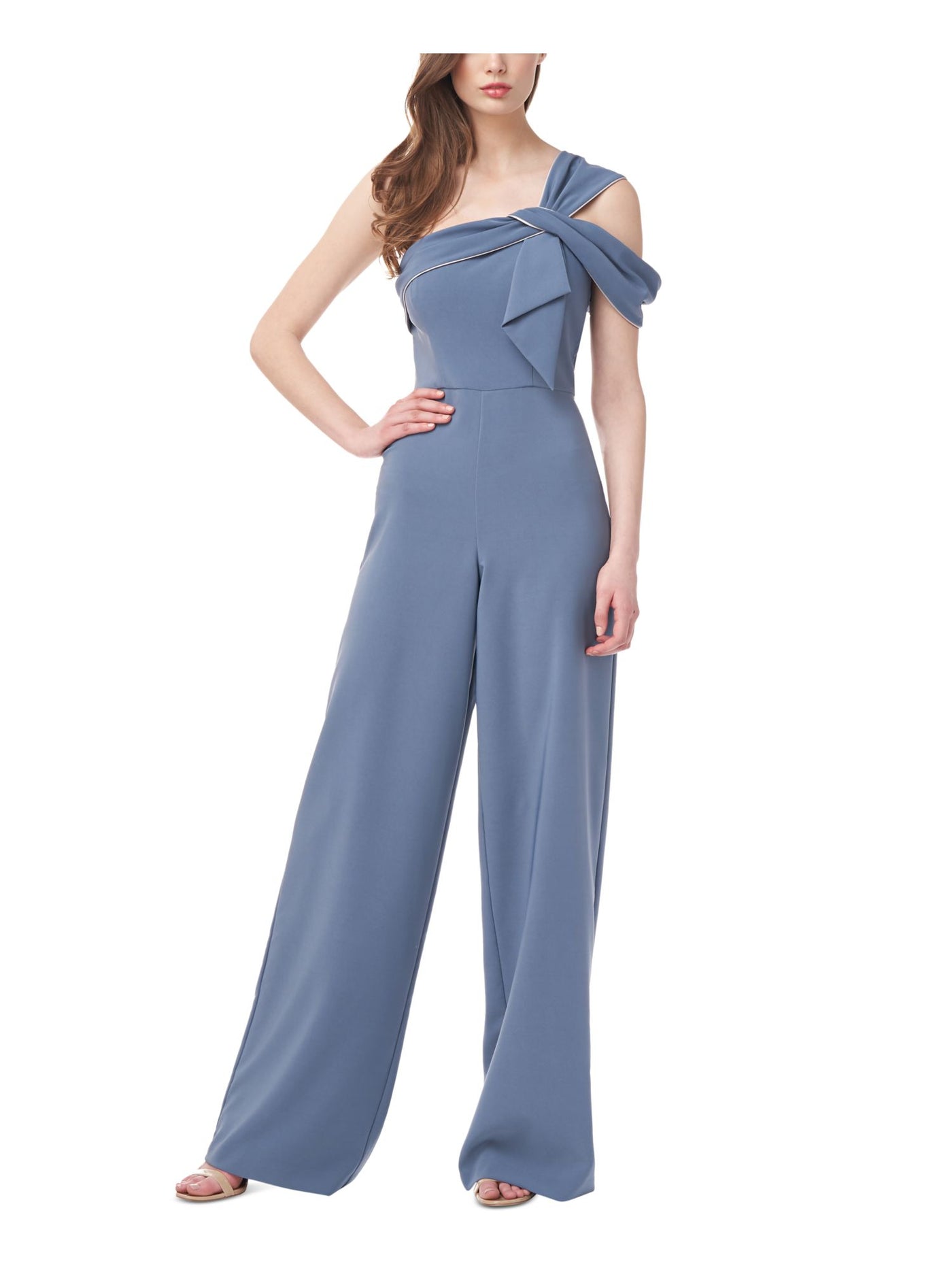 JS COLLECTIONS Womens Blue Zippered Pleated Bow Detail Sleeveless Asymmetrical Neckline Formal Wide Leg Jumpsuit 8