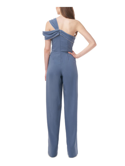 JS COLLECTIONS Womens Blue Zippered Pleated Bow Detail Sleeveless Asymmetrical Neckline Formal Wide Leg Jumpsuit 8
