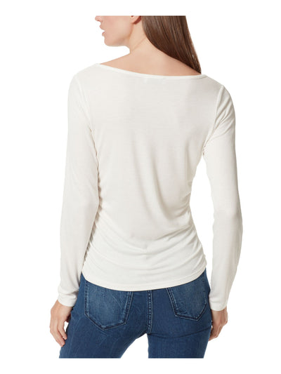 FRAYED JEANS Womens Ivory Ruched Ribbed Long Sleeve V Neck Top M