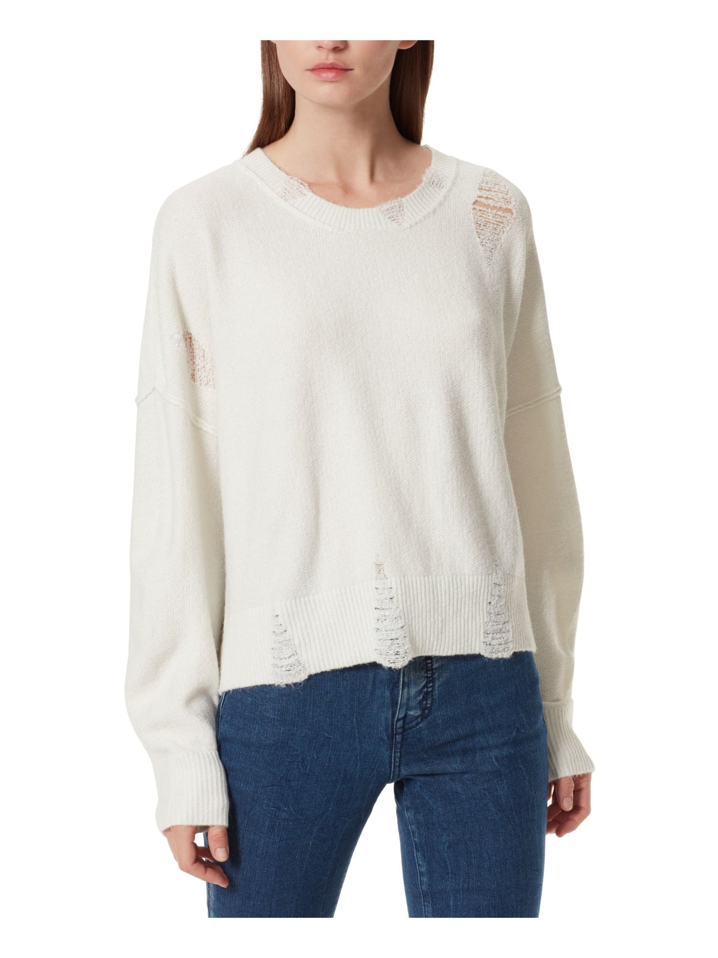 FRAYED JEANS Womens White Distressed Frayed Sheer Ribbed Long Sleeve Crew Neck Sweater L