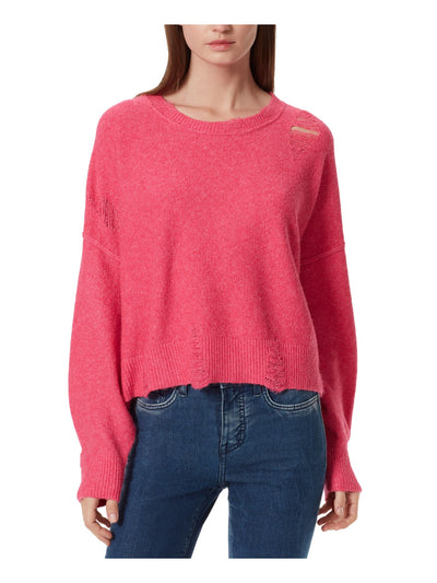 FRAYED JEANS Womens Pink Distressed Frayed Sheer Ribbed Heather Long Sleeve Crew Neck Sweater S