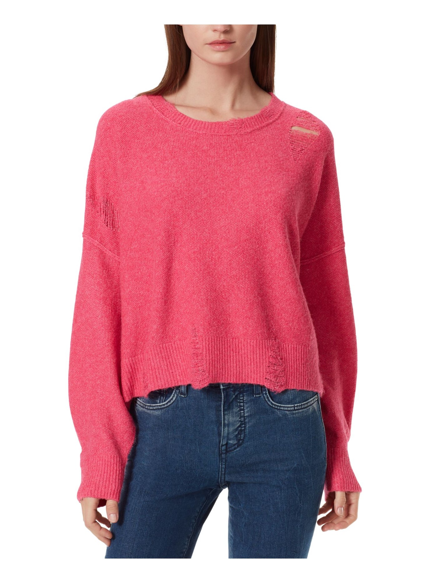 FRAYED Womens Pink Distressed Frayed Sheer Ribbed Heather Long Sleeve Crew Neck Sweater M