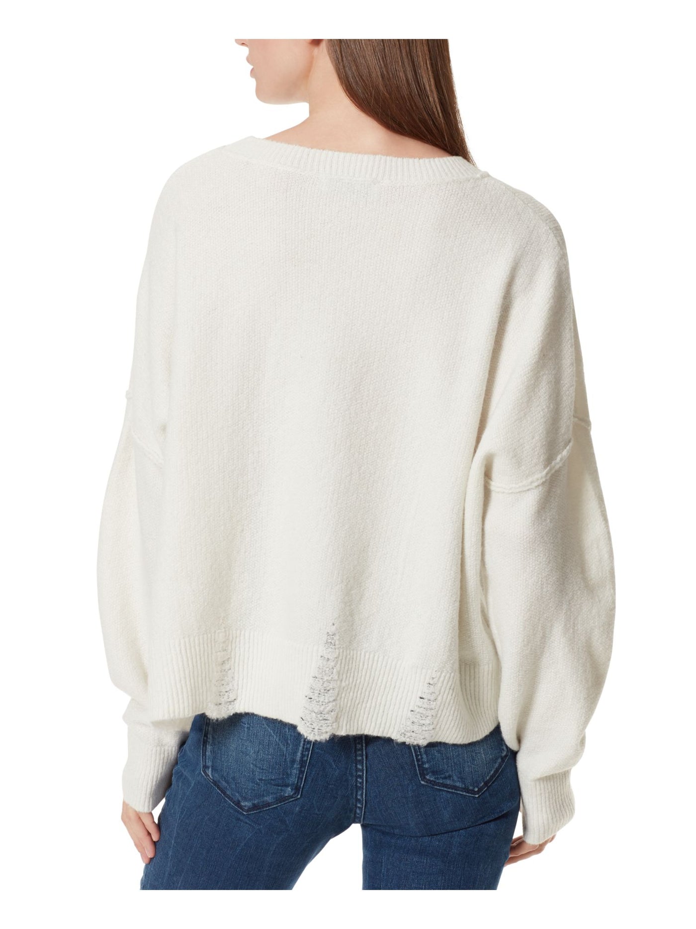 FRAYED Womens White Distressed Frayed Sheer Ribbed Long Sleeve Crew Neck Sweater L