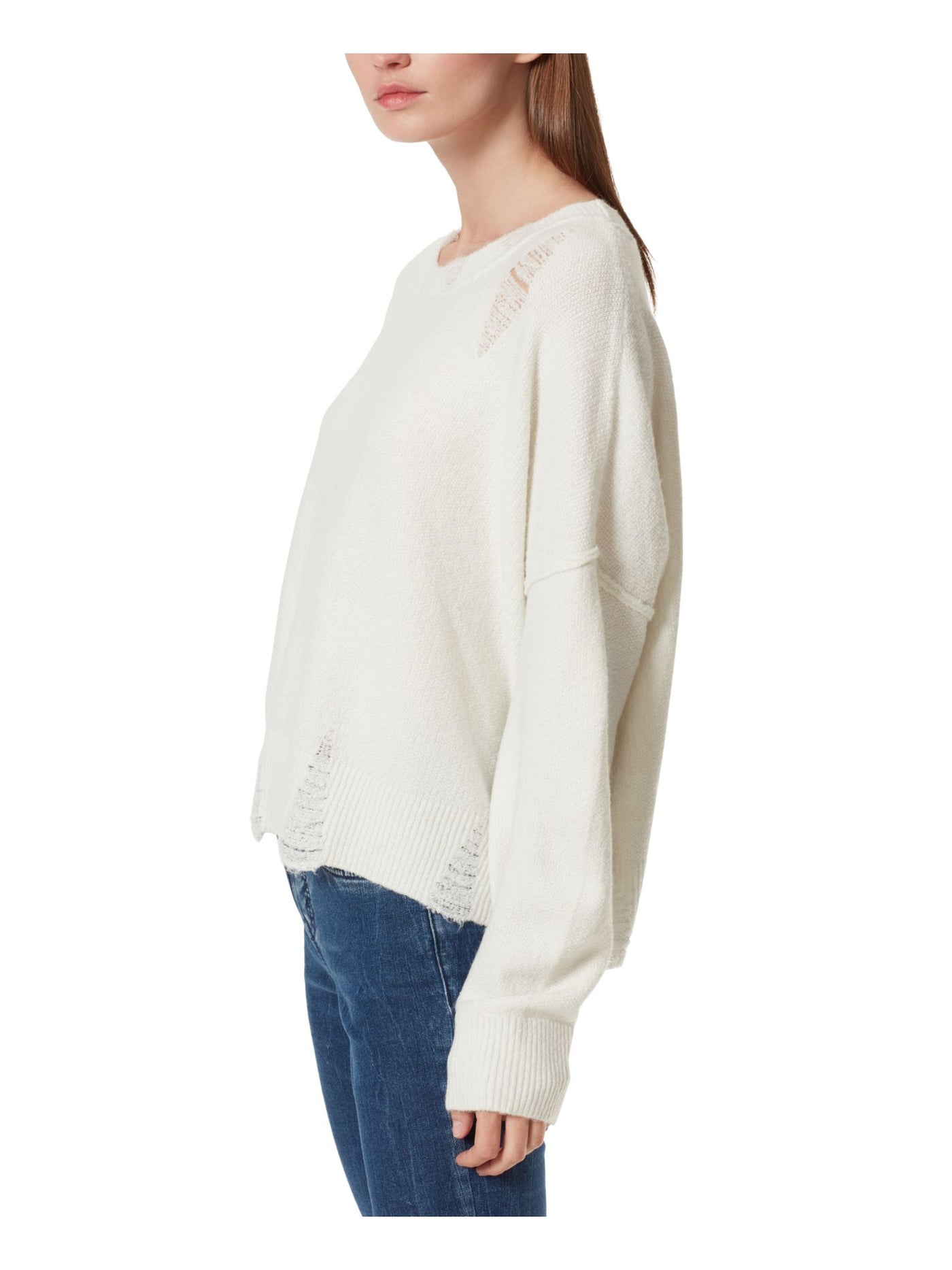 FRAYED JEANS Womens White Distressed Frayed Sheer Ribbed Long Sleeve Crew Neck Sweater S
