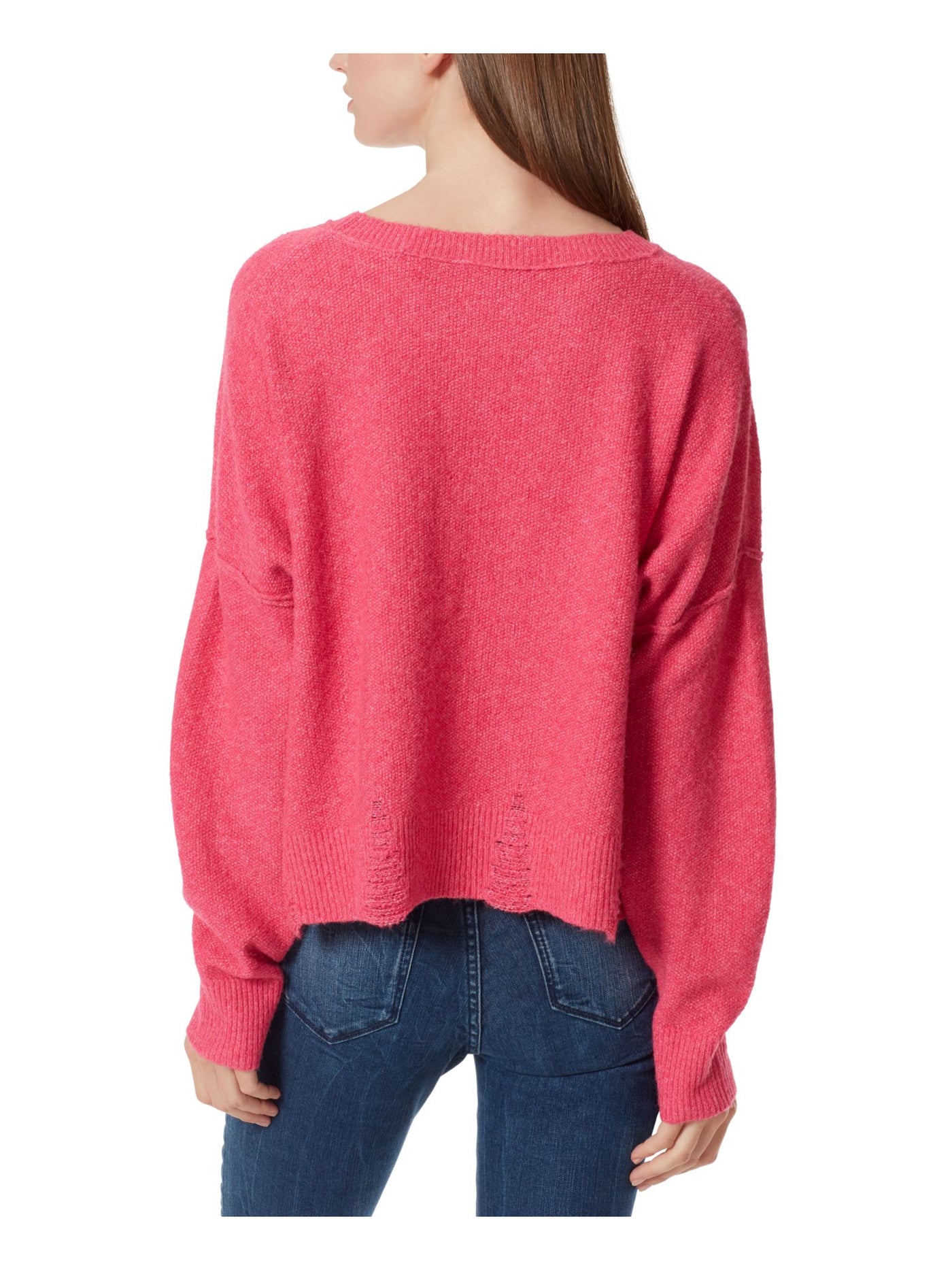 FRAYED JEANS Womens Pink Distressed Frayed Sheer Ribbed Heather Long Sleeve Crew Neck Sweater S