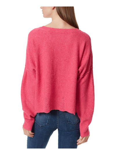FRAYED JEANS Womens Pink Distressed Frayed Sheer Ribbed Heather Long Sleeve Crew Neck Sweater XS
