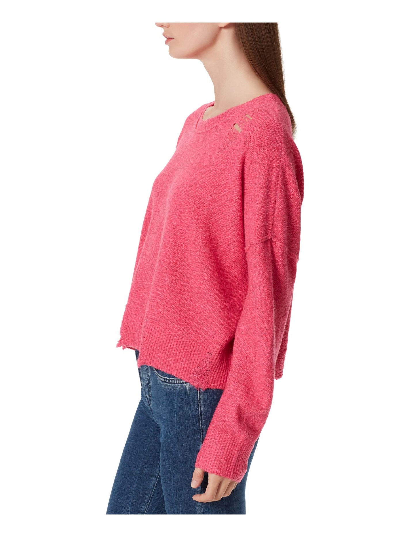 FRAYED Womens Pink Distressed Frayed Sheer Ribbed Heather Long Sleeve Crew Neck Sweater M