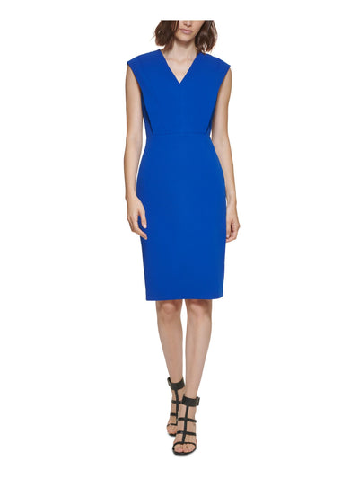 CALVIN KLEIN Womens Blue Zippered Slitted Cap Sleeve V Neck Knee Length Party Sheath Dress 2