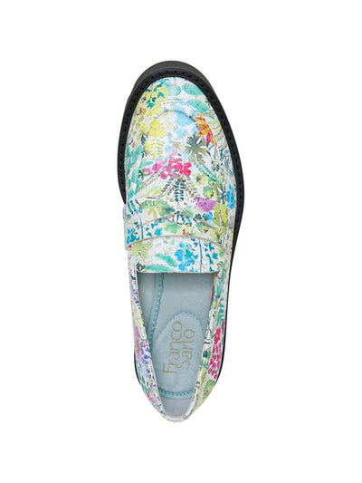 FRANCO SARTO Womens White Printed 1" Platform Penny Keeper Strap Cushioned Balin Round Toe Block Heel Slip On Heeled Loafers 7.5 M