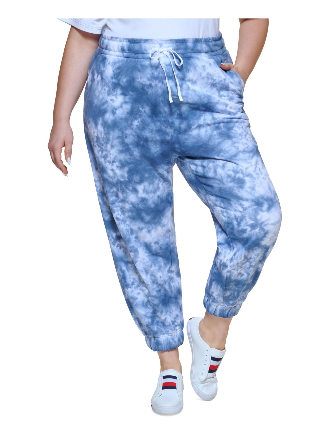 TOMMY HILFIGER SPORT Womens Blue Pocketed Tie Relaxed Fit Elastic Cuffs Jogger Tie Dye High Waist Pants Plus 0X