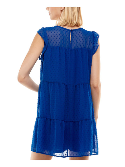 CRYSTAL DOLLS Womens Blue Sheer Button Closure Tiered Flutter Sleeve Scoop Neck Short Sheath Dress L