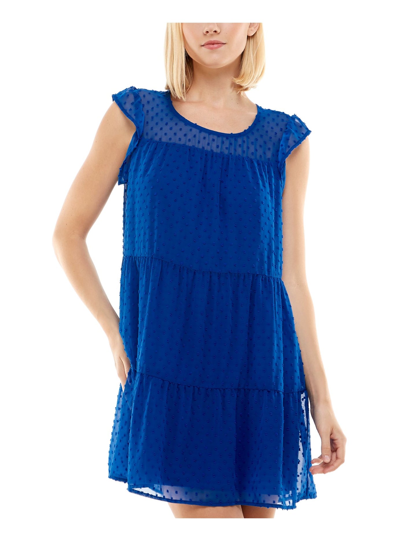 CRYSTAL DOLLS Womens Blue Sheer Button Closure Tiered Flutter Sleeve Scoop Neck Short Sheath Dress Juniors XL