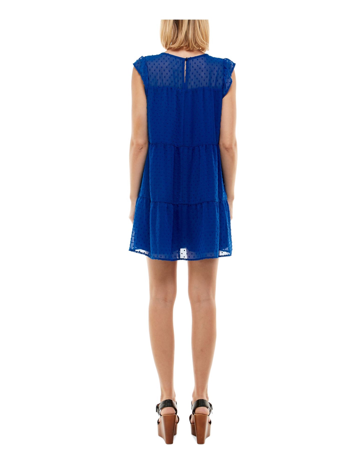 CRYSTAL DOLLS Womens Blue Sheer Button Closure Tiered Flutter Sleeve Scoop Neck Short Sheath Dress Juniors XXL
