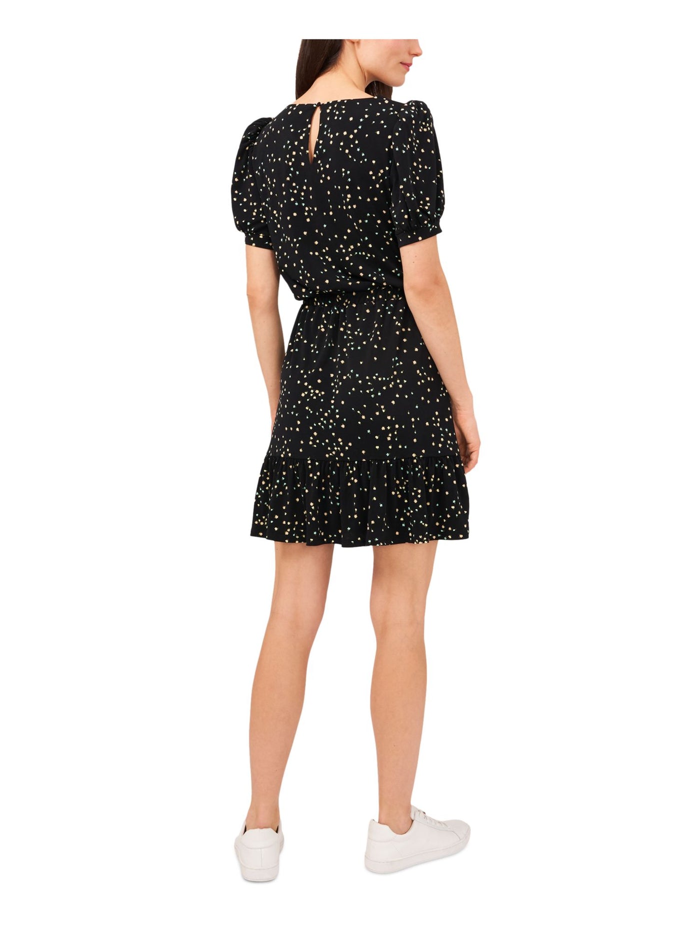 RILEY&RAE Womens Black Ruffled Lined Keyhole Back Elastic Waist Floral Short Sleeve Round Neck Above The Knee Fit + Flare Dress M