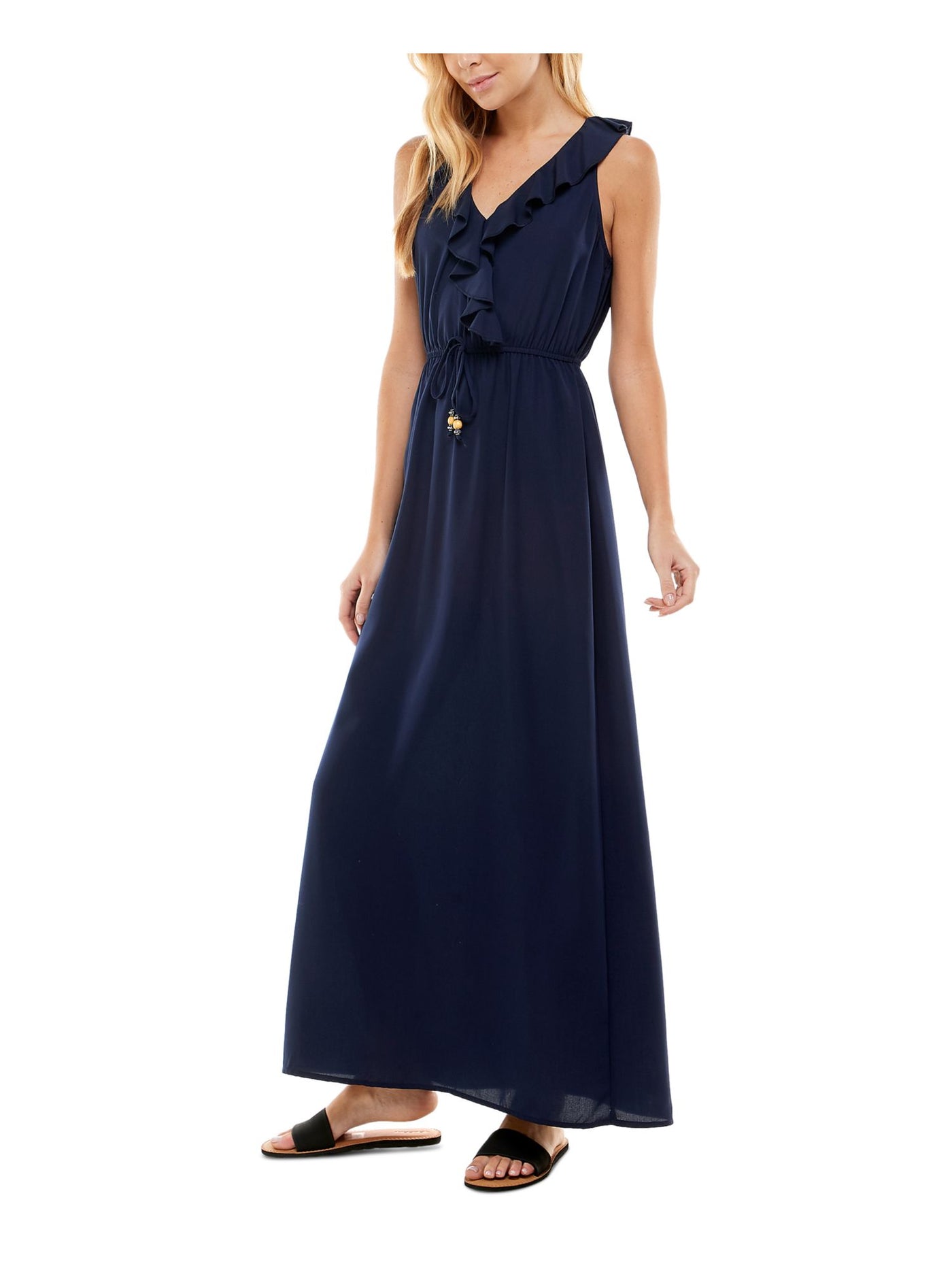 KINGSTON GREY Womens Navy Ruffled Sheer Drawstring Pullover Unlined Sleeveless Surplice Neckline Maxi Wear To Work Fit + Flare Dress XXS