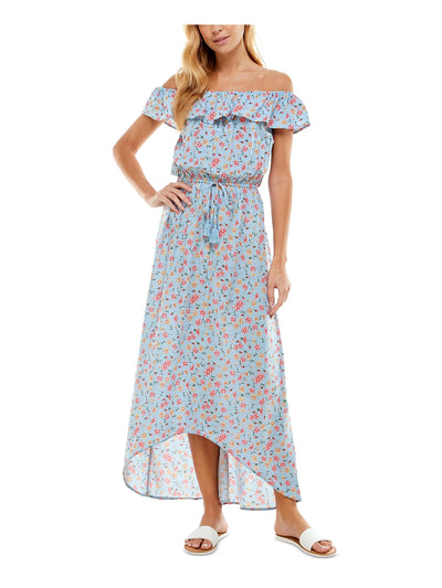 KINGSTON GREY Womens Turquoise Ruffled Tasseled Tie Waist Floral Short Sleeve Off Shoulder Maxi Hi-Lo Dress Juniors XS