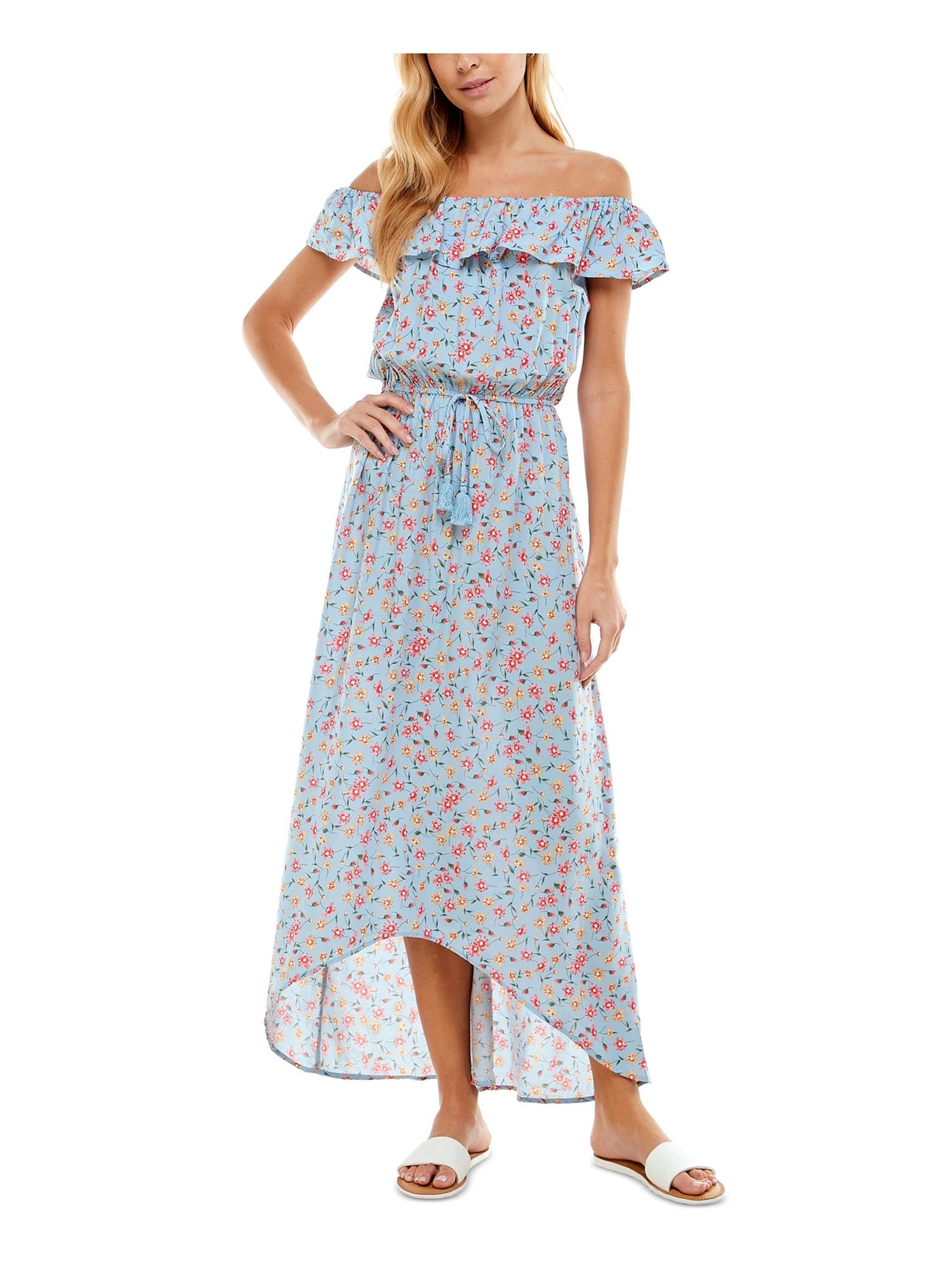 KINGSTON GREY Womens Turquoise Ruffled Tasseled Tie Waist Floral Short Sleeve Off Shoulder Maxi Hi-Lo Dress XL