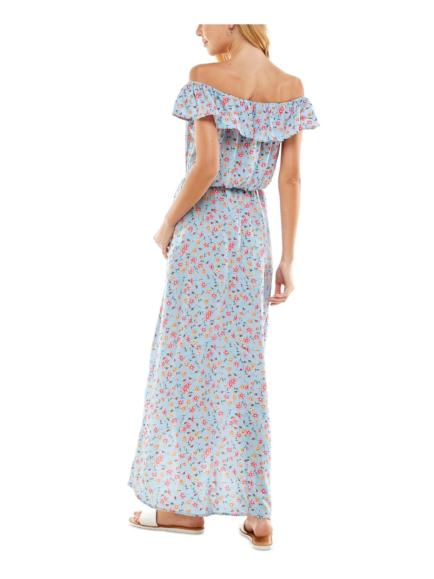 KINGSTON GREY Womens Light Blue Ruffled Tasseled Tie Waist Floral Short Sleeve Off Shoulder Maxi Hi-Lo Dress Juniors M