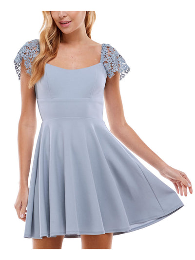 CITY STUDIO Womens Blue Zippered Lace Sleeves Scoop Neck Short Party Fit + Flare Dress Juniors 17
