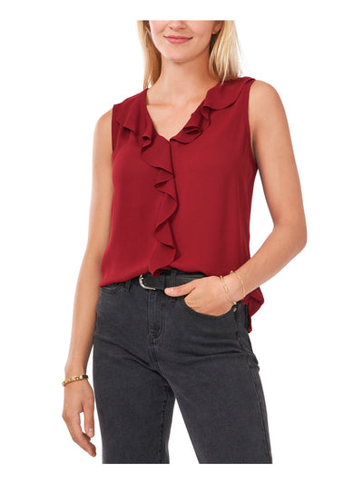 VINCE CAMUTO Womens Maroon Ruffled Vented Hem Sleeveless V Neck Top S