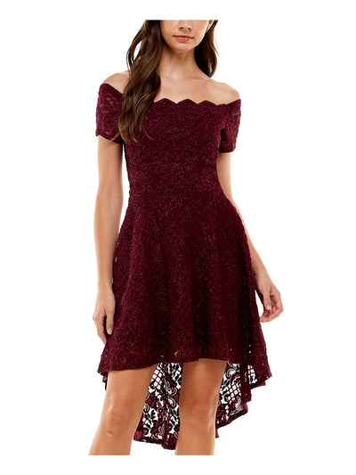 CITY STUDIO Womens Burgundy Stretch Lace Scalloped Hi-lo Hem Lined Padded Glitter S Short Sleeve Off Shoulder Midi Party Fit + Flare Dress Juniors 17