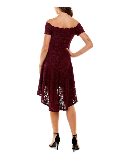 CITY STUDIO Womens Burgundy Stretch Lace Scalloped Hi-lo Hem Lined Padded Glitter S Short Sleeve Off Shoulder Midi Party Fit + Flare Dress Juniors 7