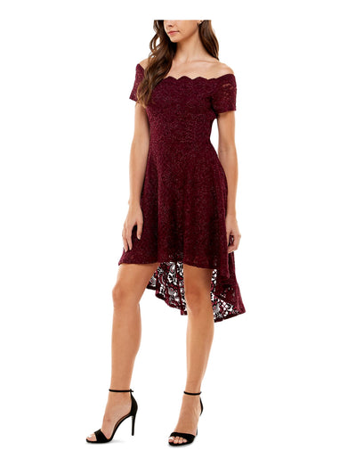 CITY STUDIO Womens Burgundy Stretch Lace Scalloped Hi-lo Hem Lined Padded Glitter S Short Sleeve Off Shoulder Midi Party Fit + Flare Dress Juniors 17