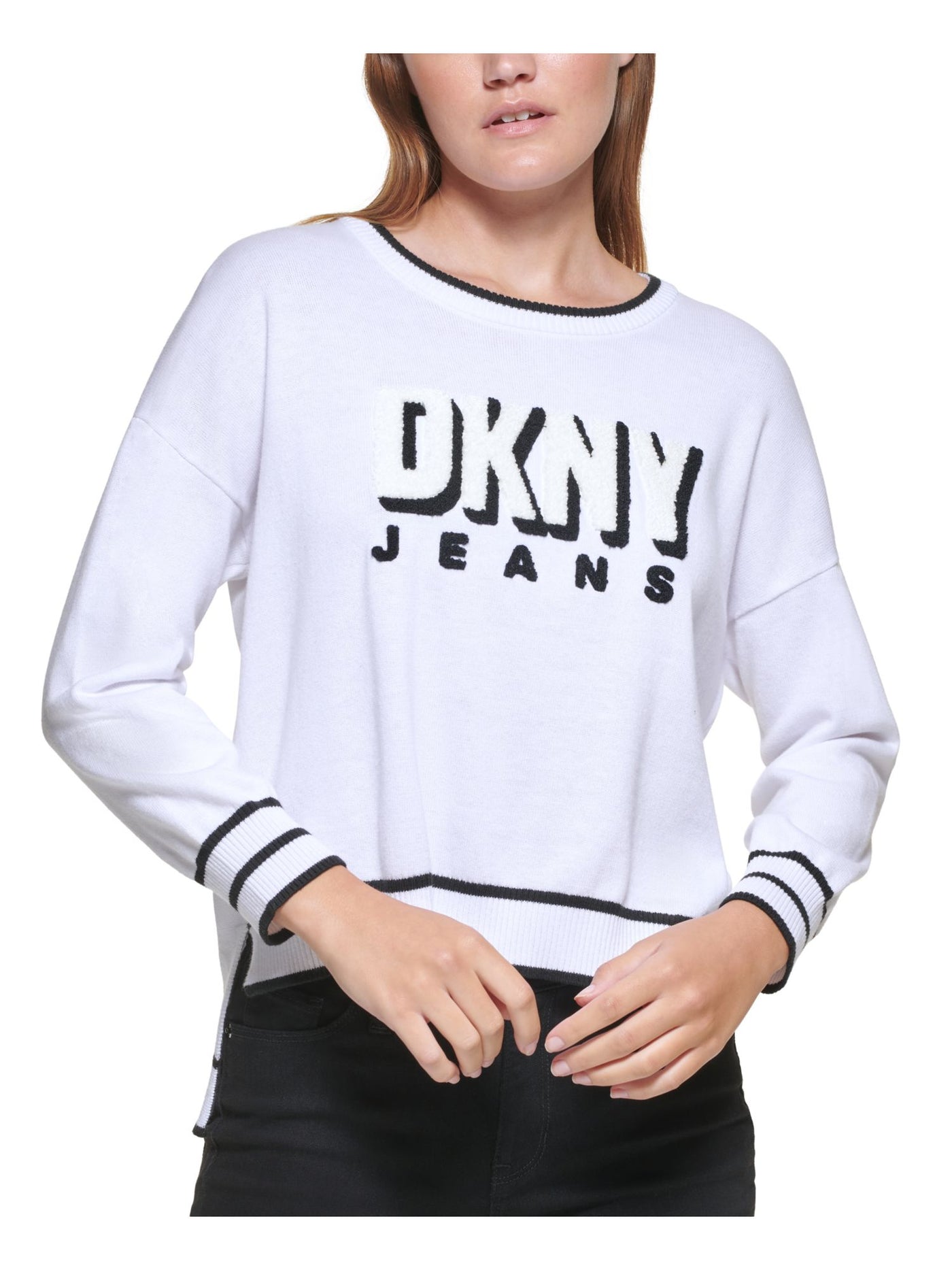 DKNY JEANS Womens White Long Sleeve Crew Neck Sweater XXS