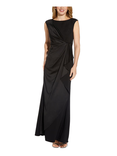 ADRIANNA PAPELL Womens Black Zippered Gathered Draped Lined Sleeveless Boat Neck Maxi Cocktail Gown Dress 2