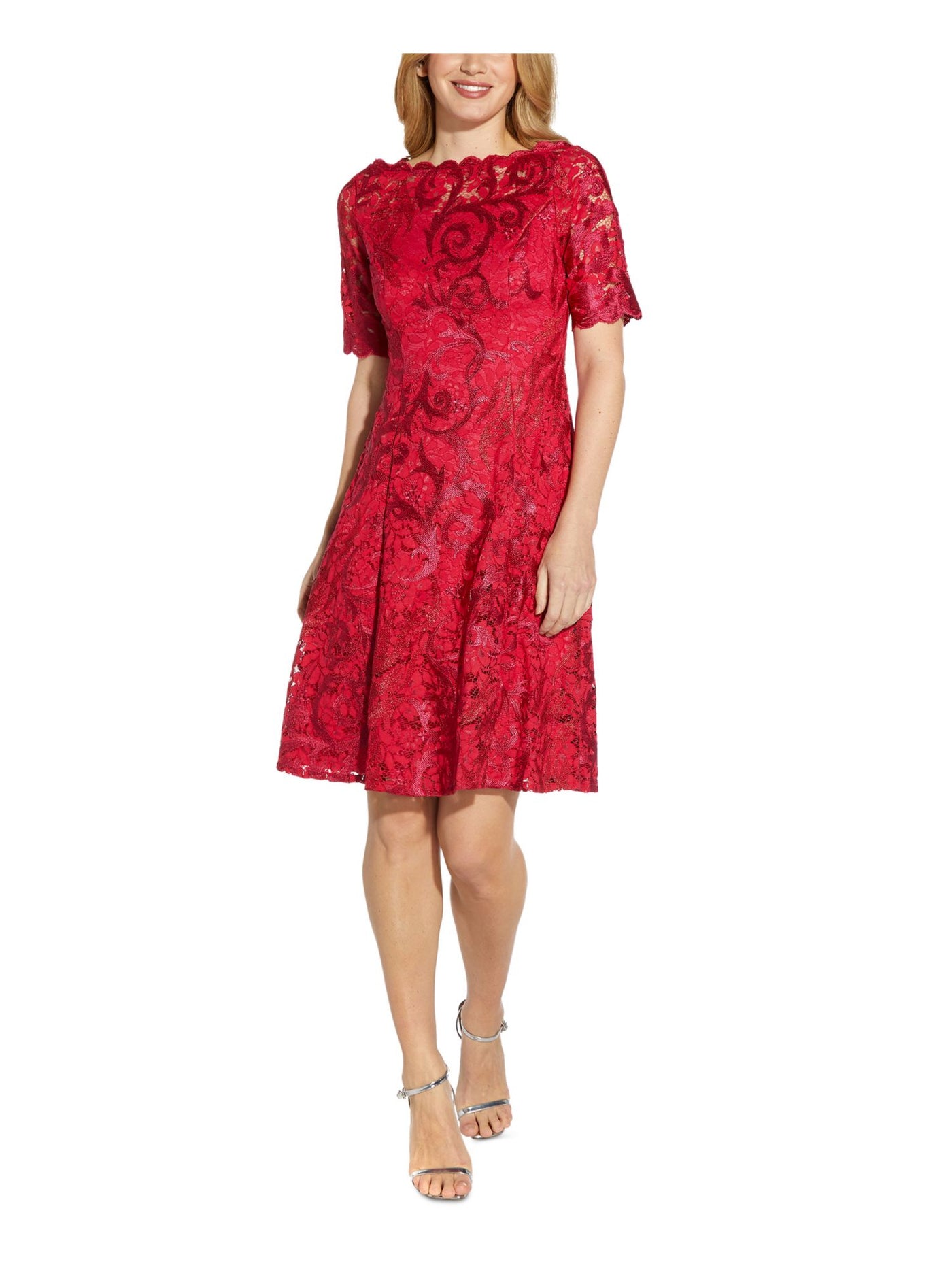 ADRIANNA PAPELL Womens Red Scalloped Lace Zippered Lined Floral Short Sleeve Boat Neck Above The Knee Cocktail Fit + Flare Dress 8